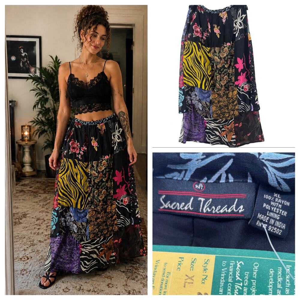 Sacred Threads Boho Patchwork Tiered Maxi Skirt XL Eclectic Artsy Statement